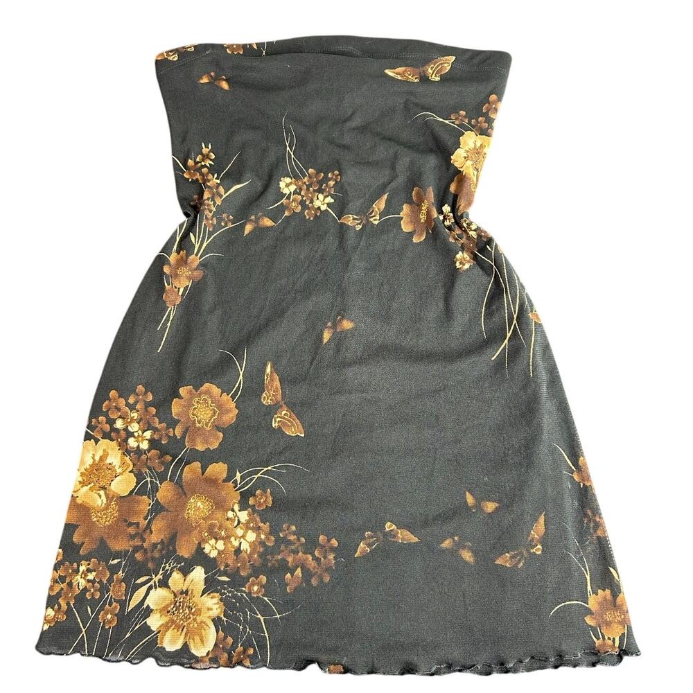 Vtg Wild Cats - Mini Dress Tunic Tube Top Strapless Black Brown Floral Sz Large